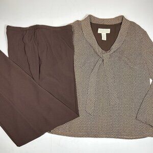 VTG NORTON MCNAUGHTON Womens 2pc Set Blouse & Pants Brown Chevron Tie Neck Sz 10